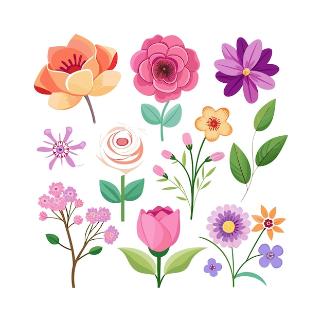 Un conjunto de hermosas ilustraciones vectoriales de estilo plano de flores