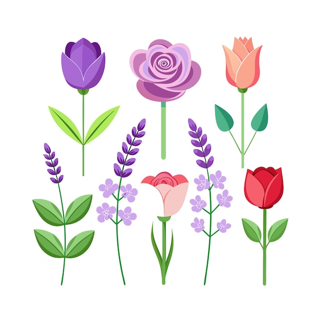 Un conjunto de hermosas ilustraciones vectoriales de estilo plano de flores