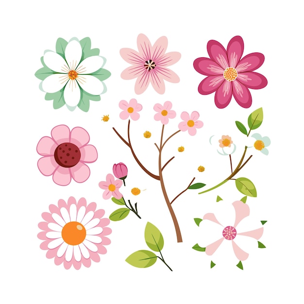 Un conjunto de hermosas ilustraciones vectoriales de estilo plano de flores