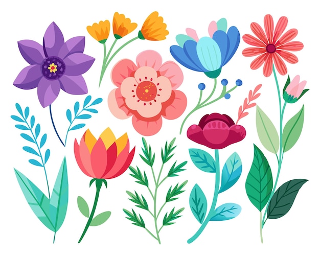 Conjunto de hermosas ilustraciones vectoriales de flores de estilo plano