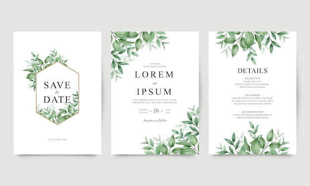 Vector conjunto de hermosas invitaciones de boda con hojas de acuarela