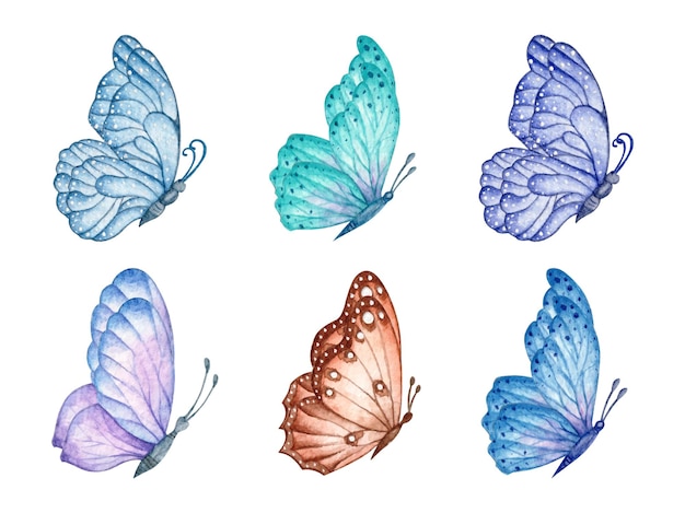 Vector conjunto de hermosas mariposas acuarelas aislado en blanco