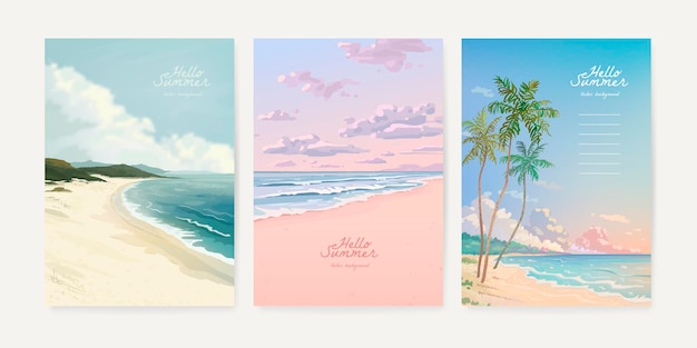Conjunto de hermosas playas de verano, resorts marinos, plantillas de diseño de fondo vectorial