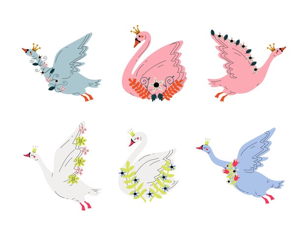 Conjunto de hermosas princesas cisnes con corona dorada y flores ilustración vectorial de dibujos animados