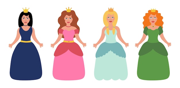 Conjunto de hermosas princesas de cuentos de hadas en fondo blanco Ilustración para niños Vector Flat