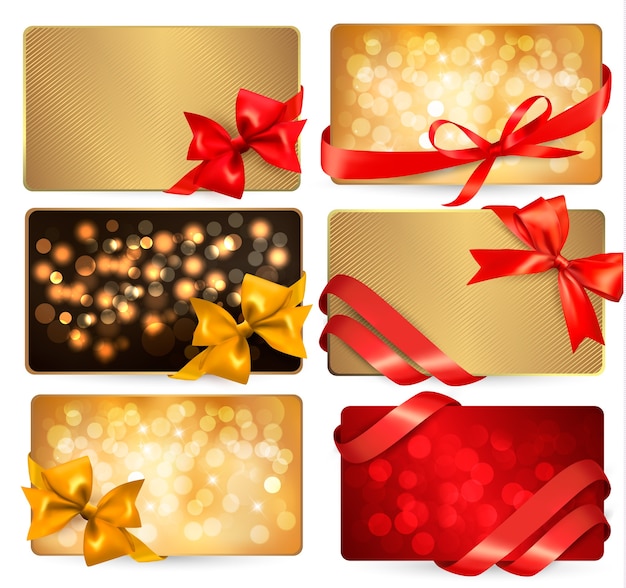 Conjunto de hermosas tarjetas de regalo con lazos de regalo rojos con cintas