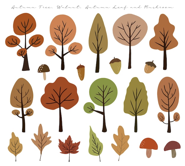 Vector un conjunto de hermoso árbol de otoño digital dibujado a mano