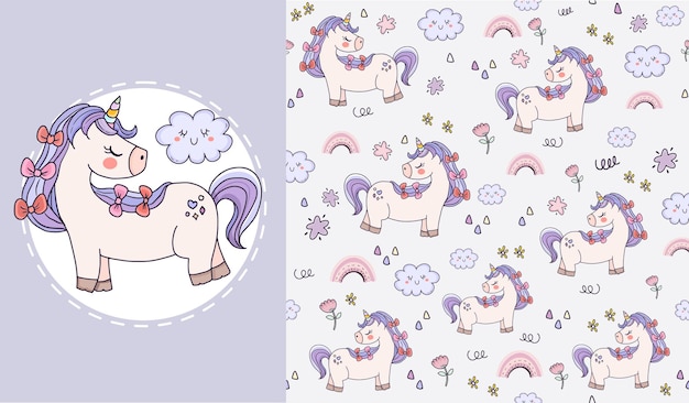 Conjunto de hermoso diseño de patrones sin fisuras de animales unicornio para niños