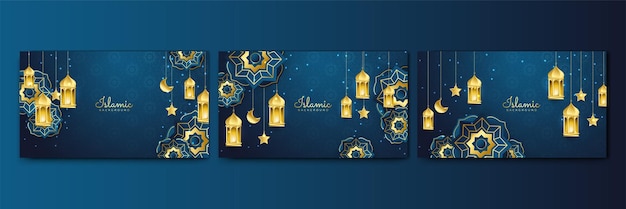 Conjunto de hermoso fondo de diseño de ramadán kareem islámico azul realista con patrón de mandala colgando linterna luna y estrella