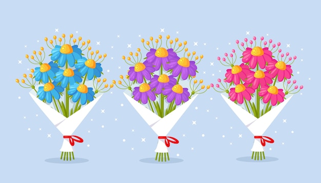 Conjunto de hermoso ramo. Ramo de flores para regalo. Diseño de dibujos animados para tarjeta de felicitación.