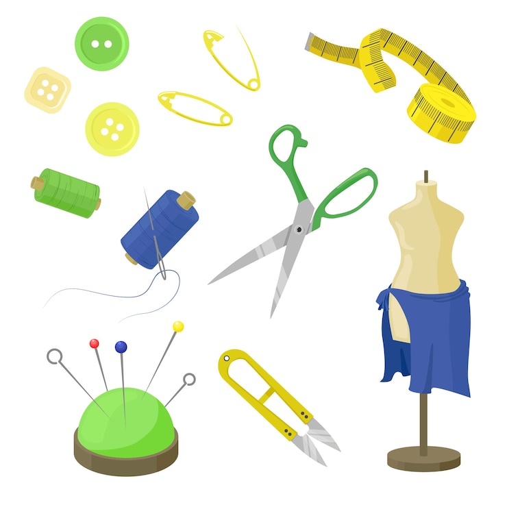 Vector conjunto de hermosos accesorios de costura al estilo de dibujos animados ilustración vectorial de bobinas de diferentes colores pines de medición bobinas de cinta de hilo tijeras aguja y cojín de alfiler maniquí de costura