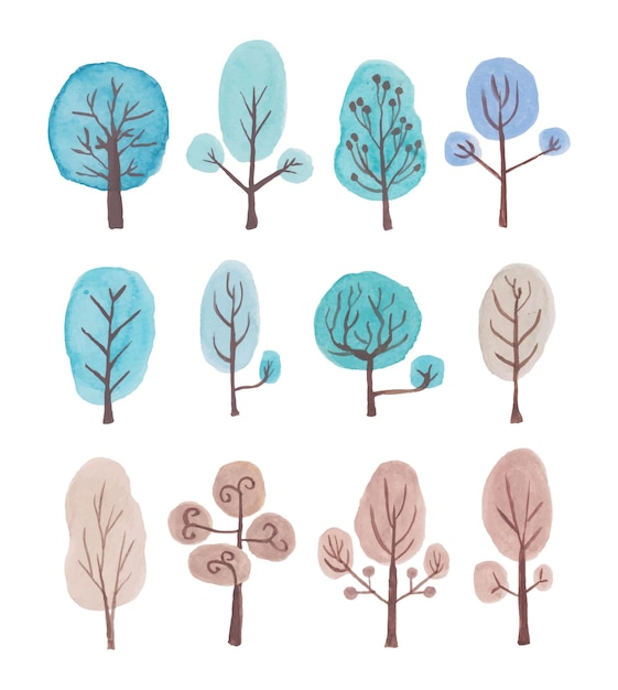 Un conjunto de hermosos árboles de invierno dibujados a mano acuarela