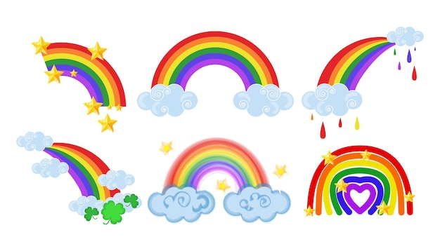 Conjunto de hermosos arco iris con estrellas de nubes hojas en estilo de dibujos animados Ilustración vectorial de arcoirises de colores con diferentes estrellas doradas rainshamrock y tréboles de cuatro hojas aislados sobre fondo blanco