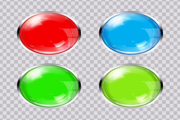 Un conjunto de hermosos botones multicolores de vidrio transparente ovalado con un marco de metal ilustración 3d vectorial
