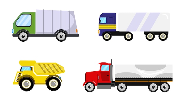 Conjunto de hermosos camiones en estilo de dibujos animados Ilustración vectorial de vehículos para el transporte de diferentes tipos de mercancías, como un camión volquete, un camión de basura y un semirremolque sobre fondo blanco
