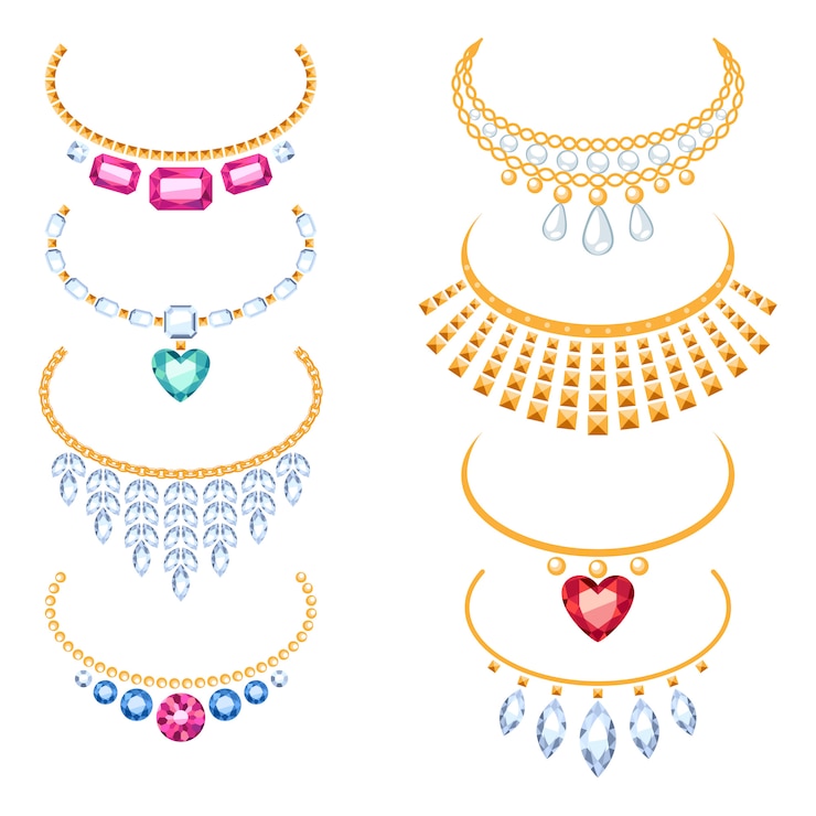 Vector conjunto de hermosos collares de oro con piedras preciosas.