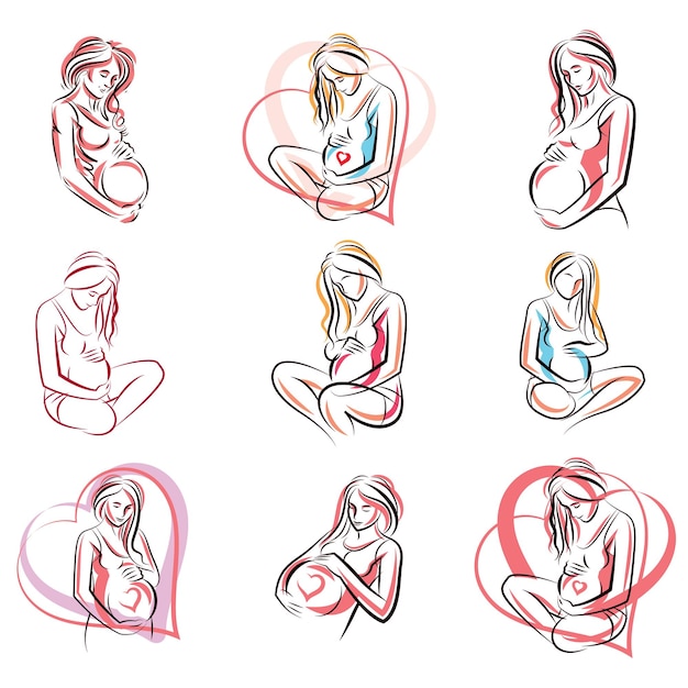 Conjunto de hermosos contornos corporales femeninos embarazadas, futura madre ilustración dibujada por vectores. Felicidad y tema de cuidado. Día de la Madre.