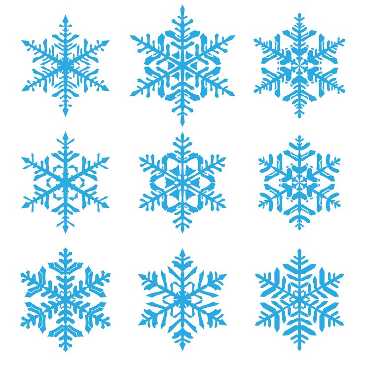 Vector conjunto de hermosos copos de nieve de navidad complejos, azul claro sobre fondo blanco.