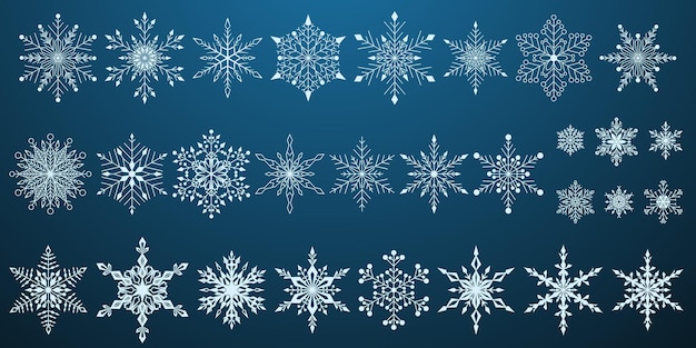 Conjunto de hermosos copos de nieve de Navidad complejos, blancos sobre fondo azul.