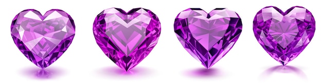 Conjunto de hermosos corazones facetados de cristal en colores morados con sombras sobre fondo blanco