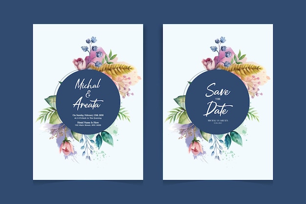 Conjunto de hermosos dibujos a mano acuarela plantilla de tarjeta de invitación de boda y diseño floral