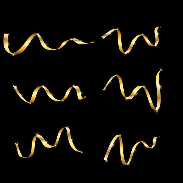 Conjunto de hermosos diferentes festivos amarillo dorado caro lujo elegante regalo ondulado vip brillante volumen cintas líneas serpentinas para el año nuevo Navidad está aislado en un fondo negro