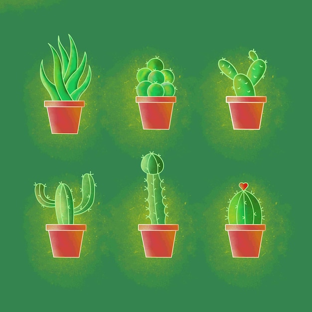 Conjunto de hermosos diseños de cactus con toque de pincel.