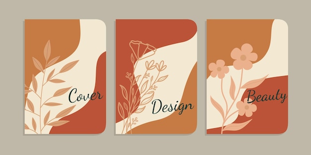 Vector conjunto de hermosos diseños de portadas de libros con decoraciones florales dibujadas a mano fondo botánico abstracto