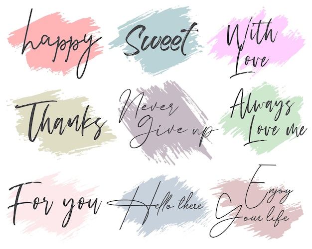Conjunto de hermosos diseños de tipografía de mensajes de amor con caja de pinceles de pintura de tinta