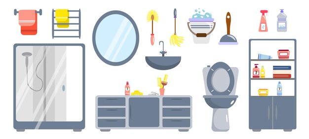 Conjunto de hermosos elementos de baño en estilo de dibujos animados Toallas de ilustración vectorial colgantes Cabina de ducha Espejo oval fregadero mesa de noche armario de inodoro con accesorios cepillo cubeta detergentes