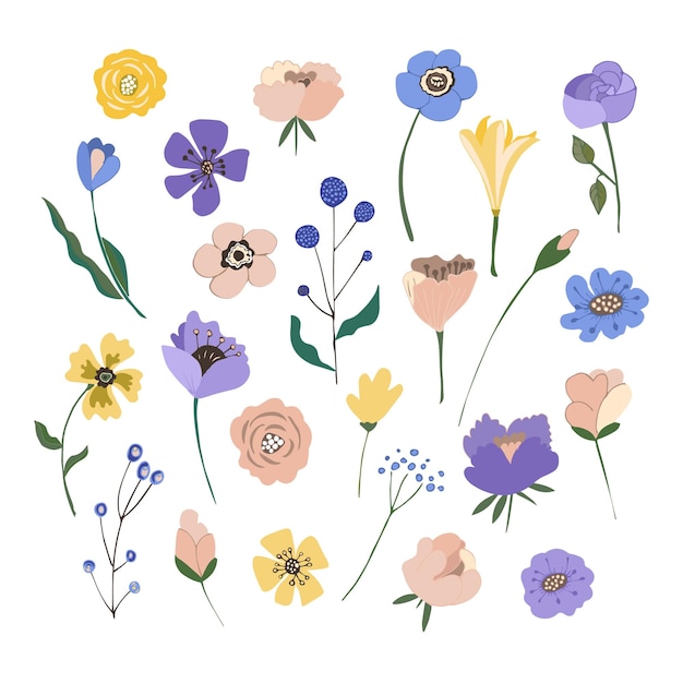 Conjunto de hermosos elementos florales brillantes de primavera y verano, flores de colores, hojas verdes, bayas para el cartel de la boda, día de la mujer, 8 de marzo y día de San Valentín, vacaciones para niños, ilustración vectorial