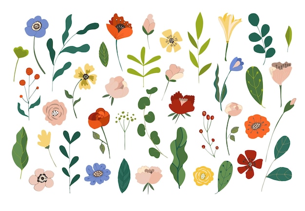 Conjunto de hermosos elementos florales brillantes de primavera y verano, flores de colores, hojas verdes, bayas para el cartel de la boda, día de la mujer, 8 de marzo y día de San Valentín, vacaciones para niños, ilustración vectorial