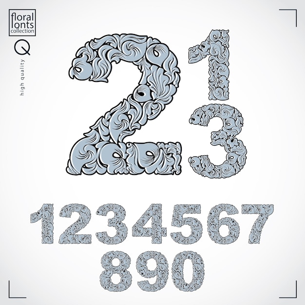 Vector conjunto de hermosos números decorados con adornos de hierbas. numeración vectorial en blanco y negro realizada en estilo floral.