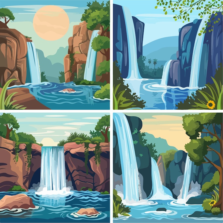 Vector conjunto de hermosos paisajes de cascadas
