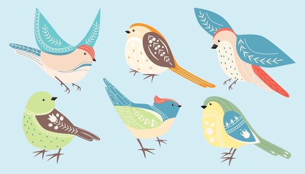 Conjunto de hermosos pájaros de primavera en estilo de dibujos animados Ilustración vectorial de pájaros coloreados volando de pie decorados con varios adornos hojas florales aisladas en un fondo azul claro
