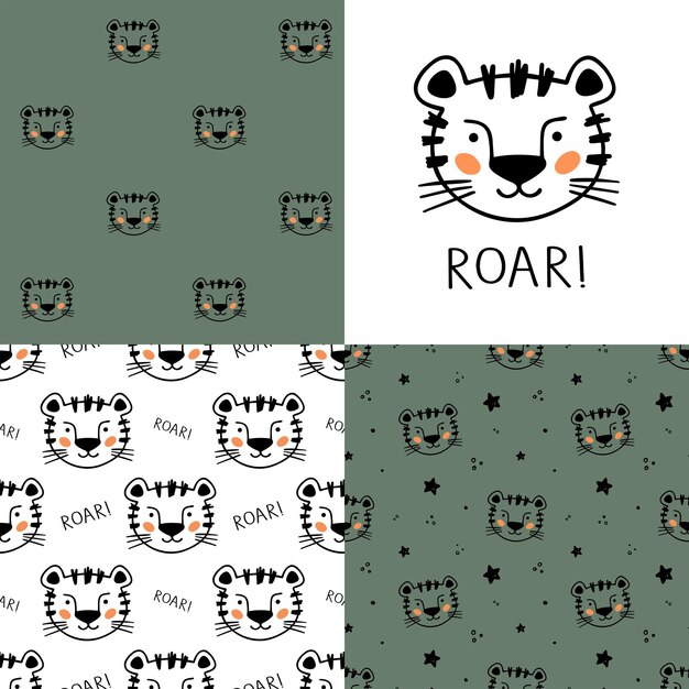 Conjunto de hermosos patrones Little Tiger dibujados a mano Tigre dibujado a mano para ropa de bebé Ilustración vectorial