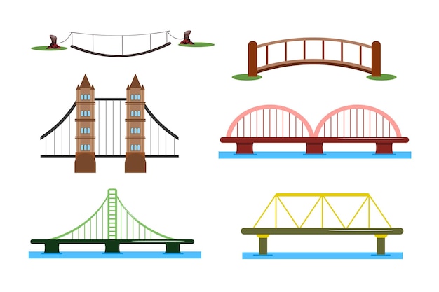 Conjunto de hermosos puentes en estilo de dibujos animados Ilustración vectorial de puentes antiguos y nuevos de diferentes tipos para el paso de personas y el paso de automóviles sobre fondo blanco