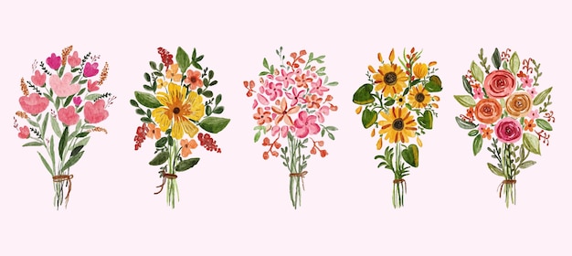 Vector conjunto de hermosos ramos de acuarela de girasoles rosados y amarillos suaves rosas y arreglo de hojas