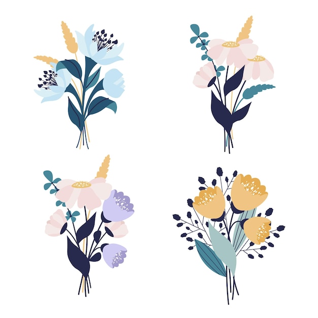 Conjunto de hermosos ramos de flores de jardín plantas herbales Plantilla floral para carteles de tarjetas Día de la mujer Día de la madre Vector ilustración plana x9