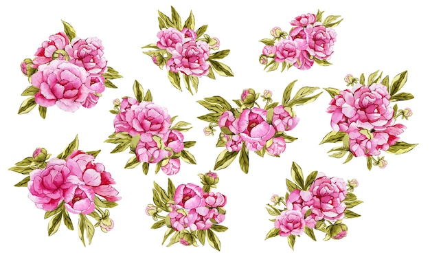 Conjunto de hermosos ramos de flores rosa acuarela
