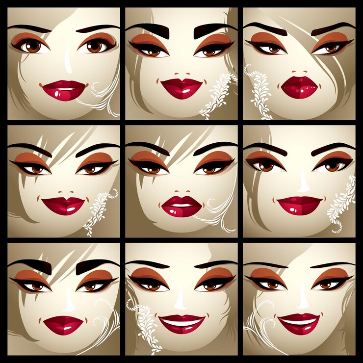 Vector conjunto de hermosos retratos femeninos vectoriales con maquillaje elegante y corte de pelo. las mujeres se enfrentan a rasgos que expresan diferentes emociones.