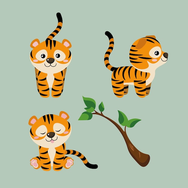 Conjunto de hermosos tigres de carácter en fondo verde Ilustración vectorial animales encantadores en diferentes posturas vista delantera y lateral sentados sonriendo y desaliñados palo cerca en estilo de dibujos animados