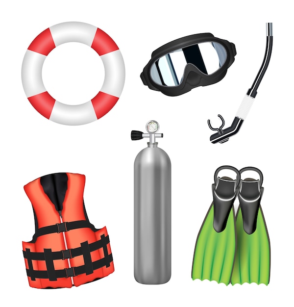conjunto de herramienta de buceo en un fondo blanco