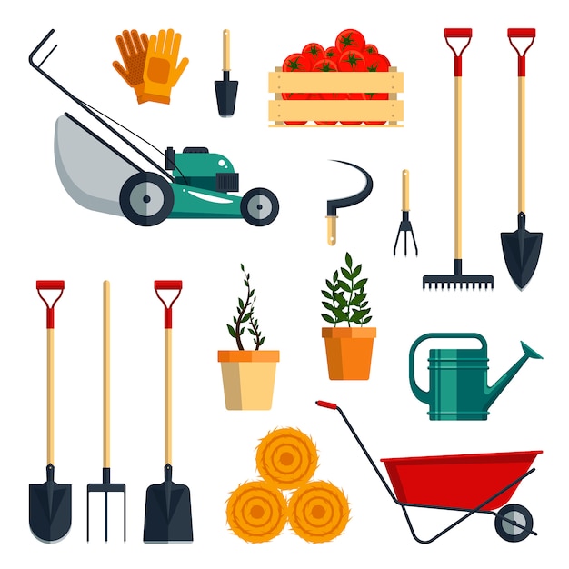 Conjunto de herramientas agrícolas ilustración plana. colección de iconos de instrumentos de jardín aislado sobre fondo blanco. equipamiento agrícola.
