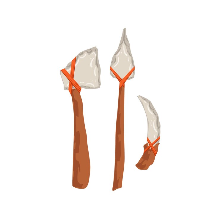 Vector conjunto de herramientas y armas trogloditas de la edad de piedra hechas por el hombre, incluido el hacha, la lanza, el cuchillo, el colmillo