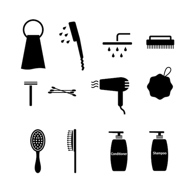 Conjunto de herramientas de aseo e higiene para el icono del baño de silueta