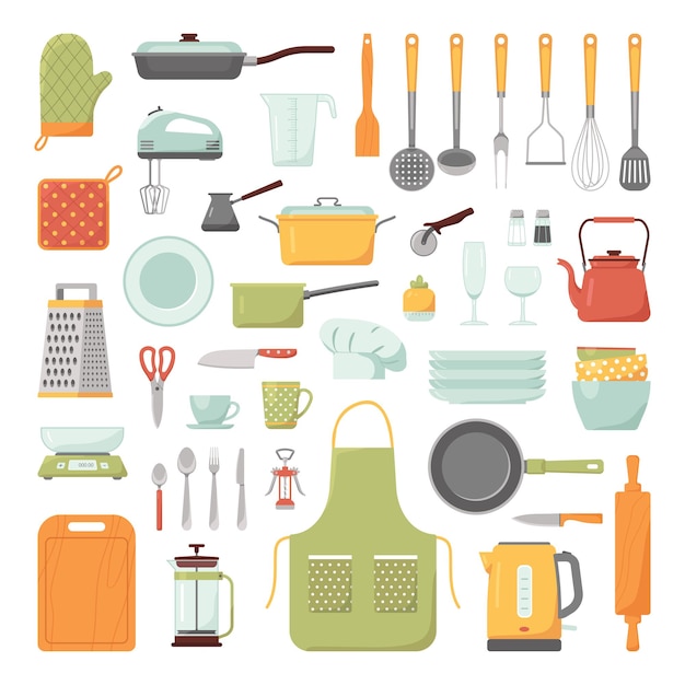 Vector conjunto de herramientas de cocina aisladas sobre fondo blanco colección de utensilios de cocina ilustración vectorial de dibujos animados