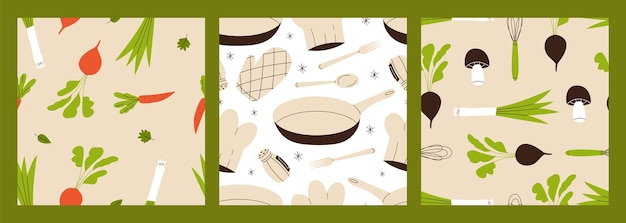 Conjunto de herramientas de cocina y de patrones de alimentos