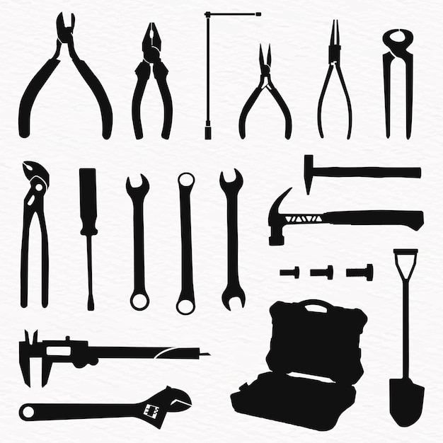 Conjunto de herramientas de construcción de silueta vectorial para trabajos laborales y reparaciones