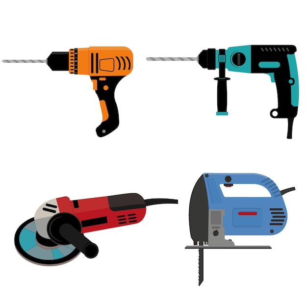 Vector conjunto de herramientas de construcción, taladro y amoladora de martillo eléctrico, ilustración vectorial aislada en color en estilo de dibujos animados